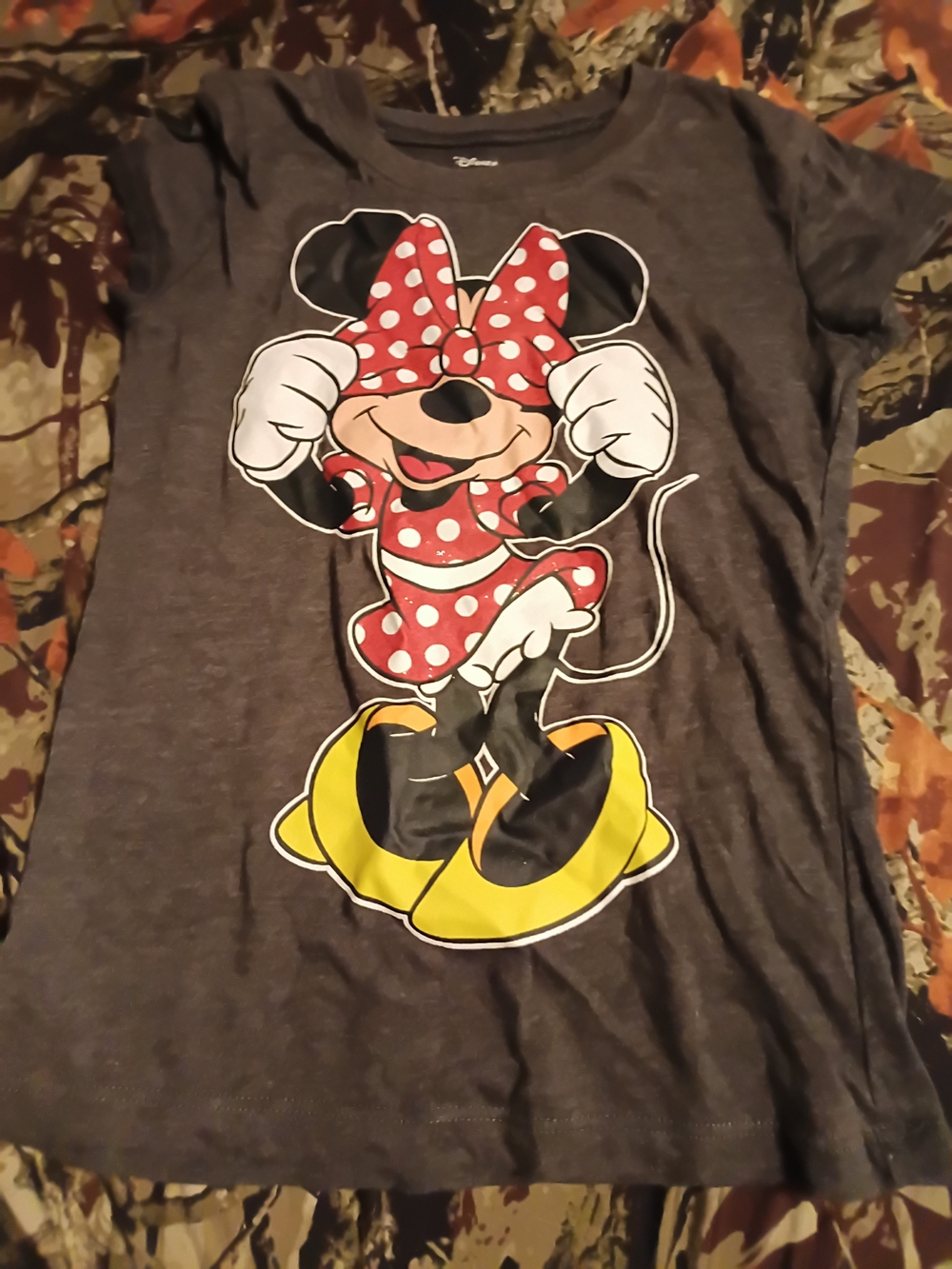 Disney Girls' Charcoal Minnie Mouse Tee with Red Bow and Yellow Shoes